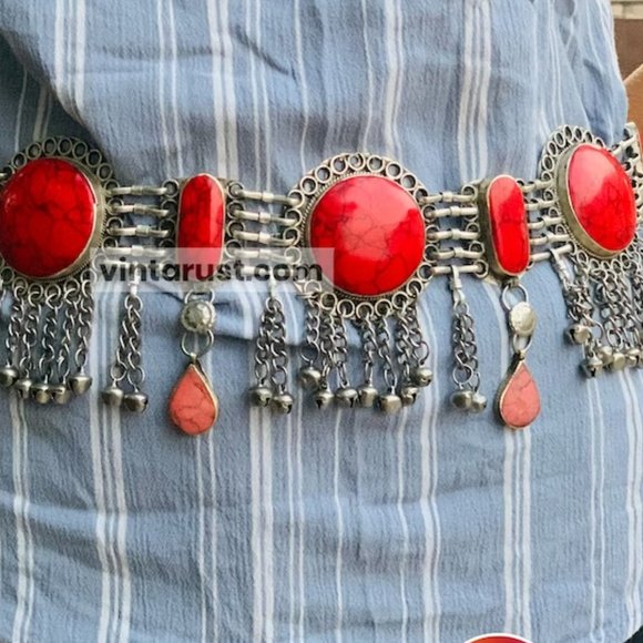 Vintage Kuchi Coral Stone Belly Dance Belt: Afghan Tribal Jewelry main image 13